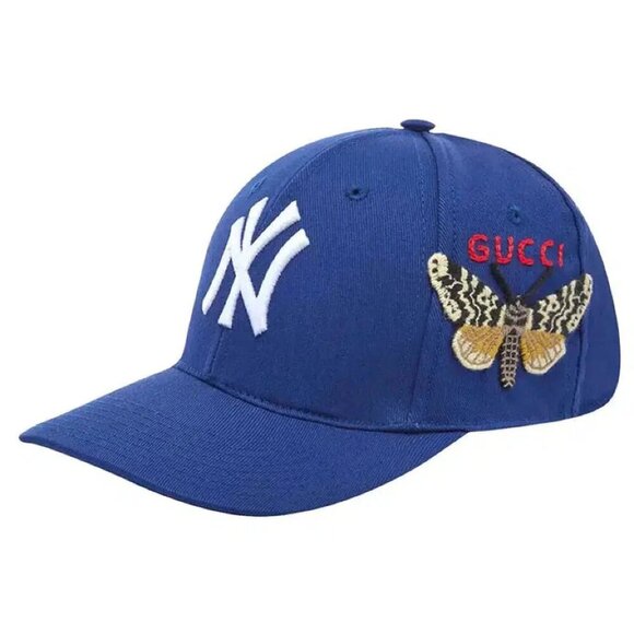 NWT Gucci Unisex Cotton NY Yankee Butterfly Embroidery Baseball Hat in blue - Picture 1 of 15